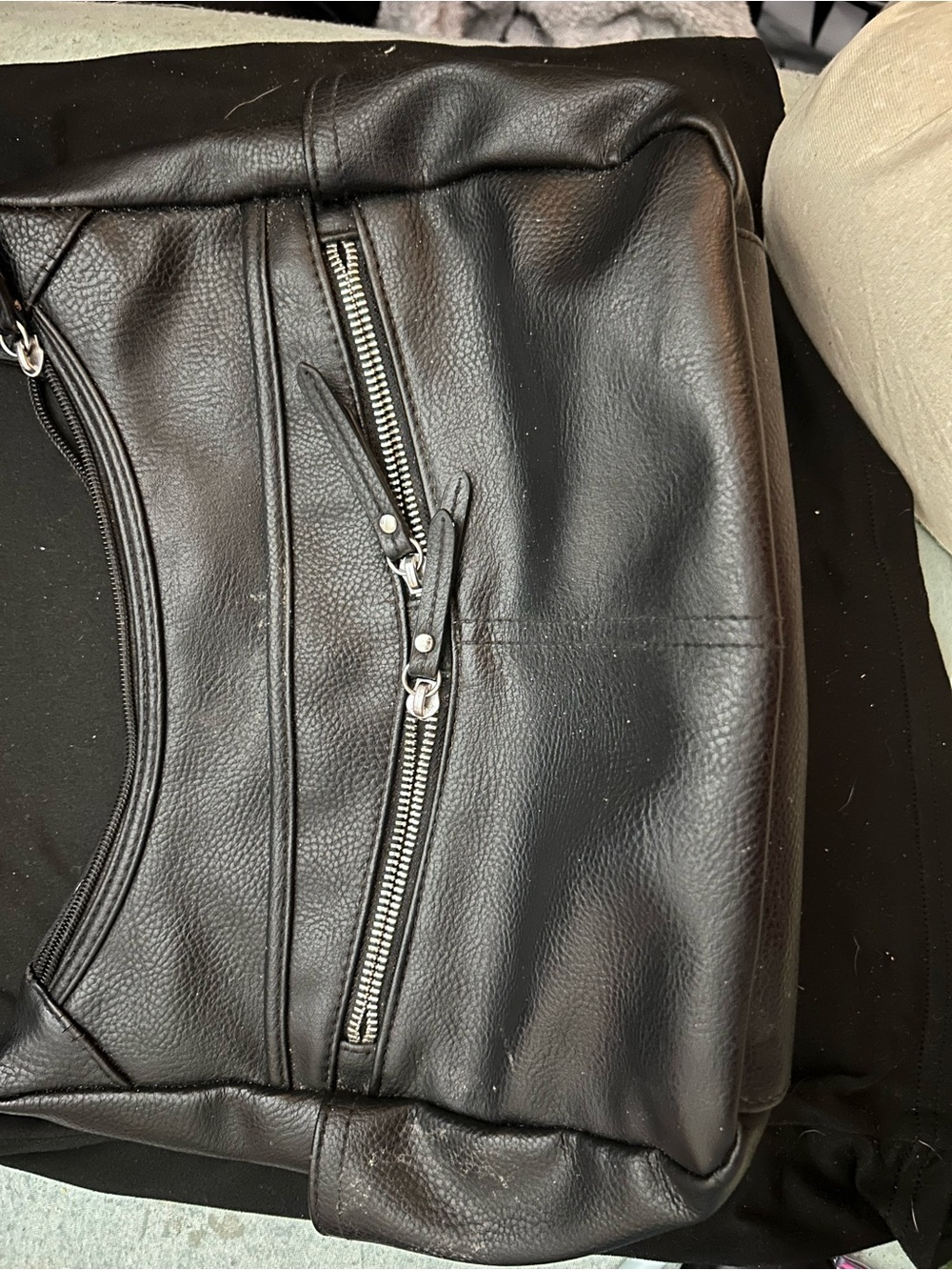 Black Leather Messenger Bag with Front Zip Pocket
